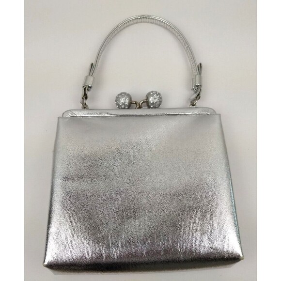 Vintage AFTER FIVE Silver Evening Clutch Hand Bag Rhinestone Orbs Kiss‎ Lock - Picture 5 of 16